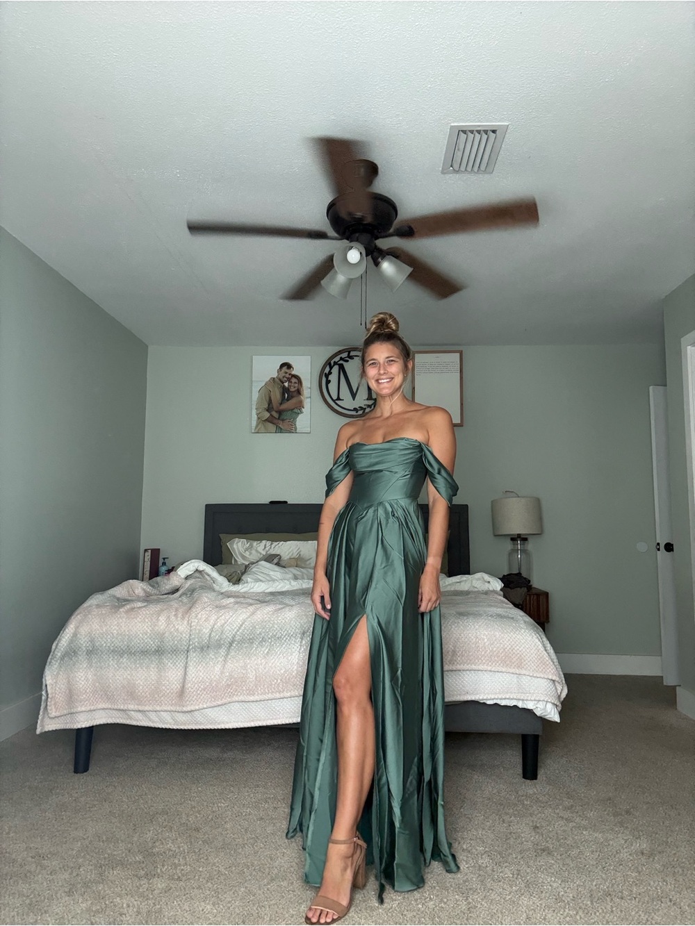 Azazie Forest Green Off-Shoulder Satin Prom Gown with Front Slit